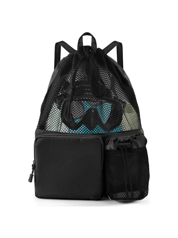 Black Mesh Drawstring Backpack, Quick Drying Mesh Swim Equipment Beach Bag
