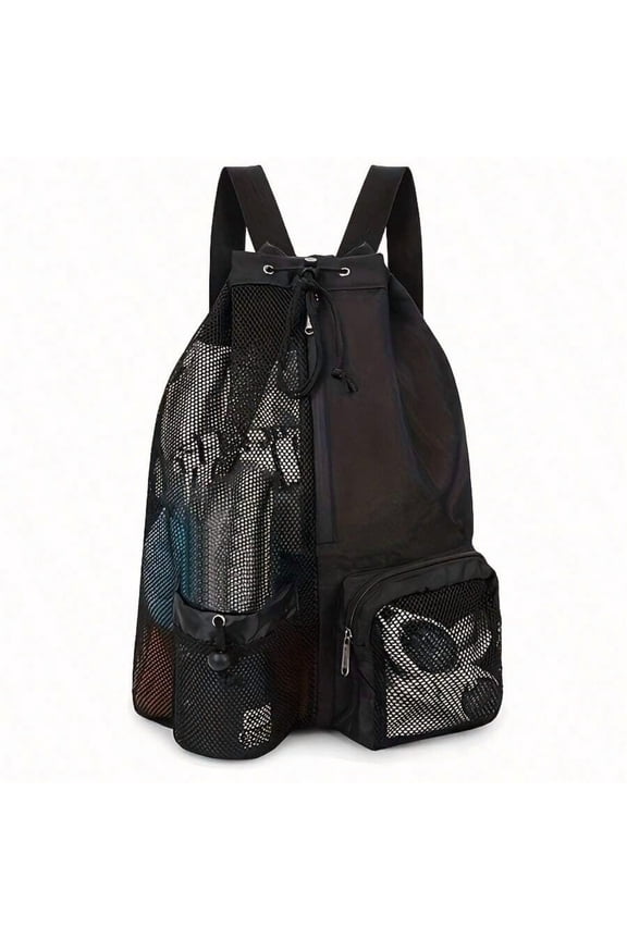Black Mesh Drawstring Backpack With Wet Compartment For Gym Swimming
