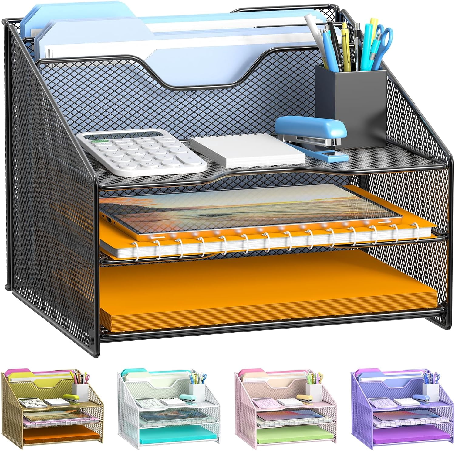 Black Mesh Letter File Folder Holder with 3 Trays & 2 Vertical Sections ...