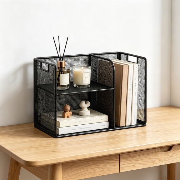 Black Mesh Metal Desk Organizer 2-Tier – Office Desktop Storage Shelf with File Holders Compartments, Iron Mesh Document Bookshelf for Office Home Classroom Organization