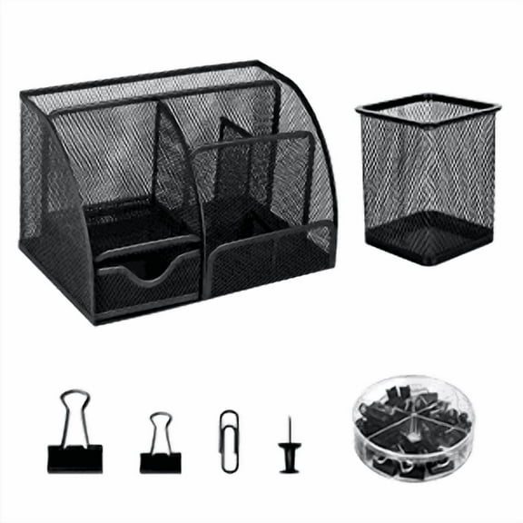 Black Mesh Office Supplies Organizer Set - 72PCS Accessories, Basket & Pen Holder for Desk