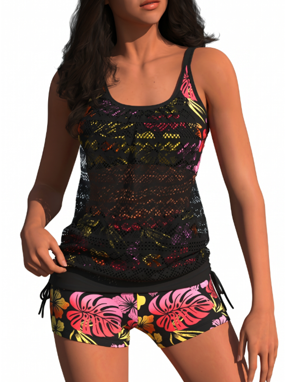 Women's Two Piece Tankini Swimsuit Mesh Ombre Floral Tropical Print Tummy Control with Swim Shorts for Beach Pool Black