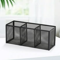 Black Mesh Pen Pencil Holder, Small Metal Desk Organizer, Desktop Stationery Office Supplies, Acessories Storage Stand, 3 Compartments Brushes Holder for Home Office, 8.86x3.14x3.74"