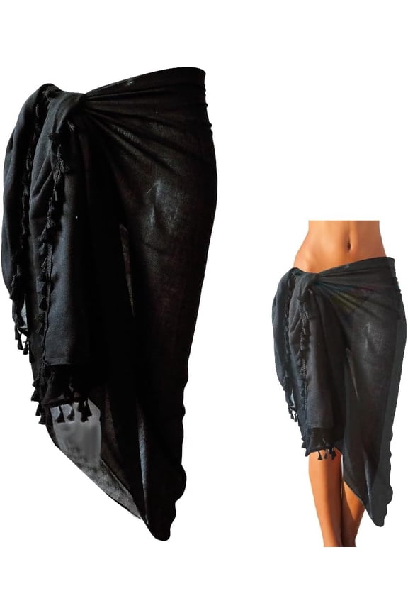 Black Mesh Sarong Cover Up Tassel Pareo Long Beach Swimsuit Sheer Scarf Coverup Summer Bikini Sexy Bathing Suit Wrap Dress Bottom Coverups Rectangle Cotton Shawls for Women Skirt Accessories