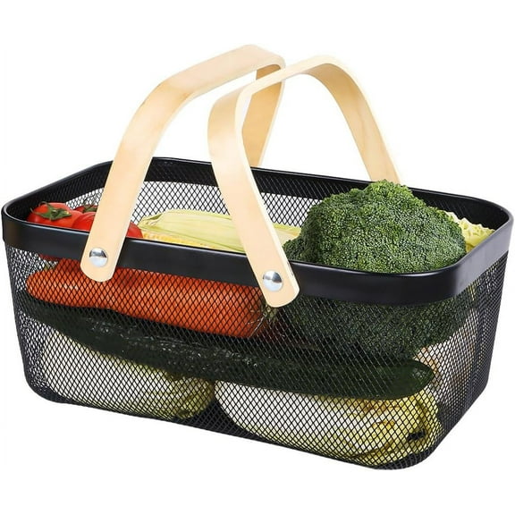 Black Mesh Storage Basket with Wooden Handle,Multi-Functional Picking Baskets,Garden Harvest Basket,Kitchen Metal Mesh Gathering Basket, for Vegetables Fruit Egg