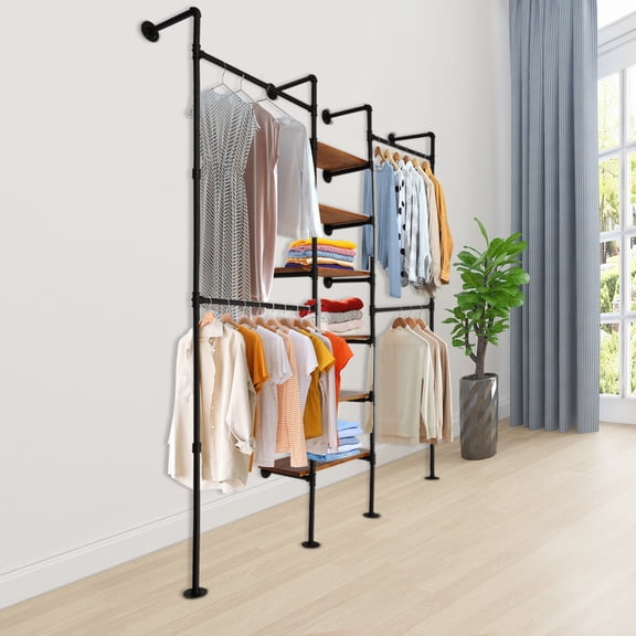Black Metal 160x100x27.7x205cm Wall-Mounted Clothes Display Rack L-Shaped Corner Multifunctional Clothes Hanger