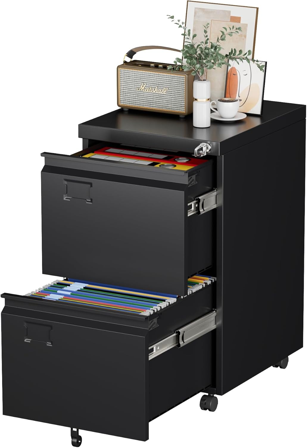 Black Metal 2 Drawer Mobile File Cabinet - 19.69 in Width Under Desk Cabinet for Office Home Legal Letter Size Storage