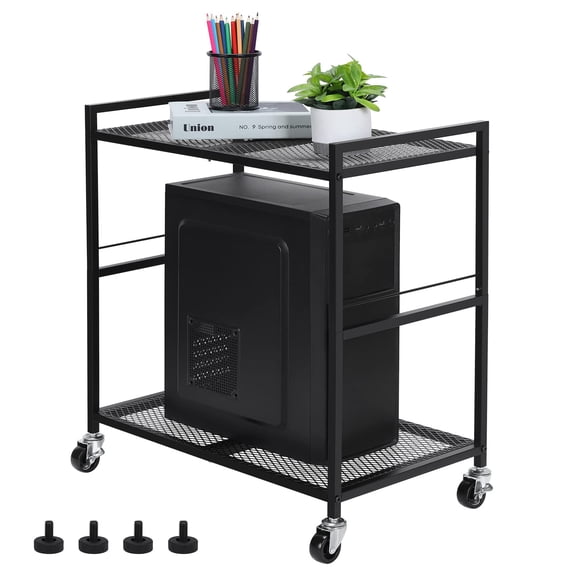 Black Metal 2 Tier Rolling Computer Tower Stand Under Desk For Home Office