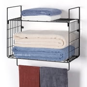 Black Metal 2-Tier Wall Mount Bathroom Shelf with Towel Bar, Anti-Rust Wire Storage Organizer for Toiletries & Towels