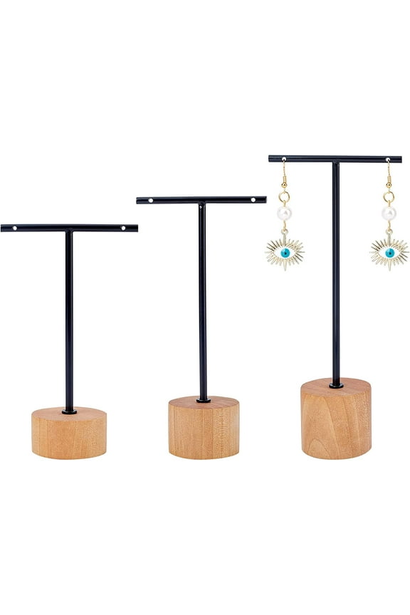 Black Metal 3 Pcs T Bar Earring Display Stand with Wooden Base Jewelry Holders Hanging Jewelry Organizer for Store Retail Photography Props【Black- Round Base 5.7&4.9&3.9 Inch Height】