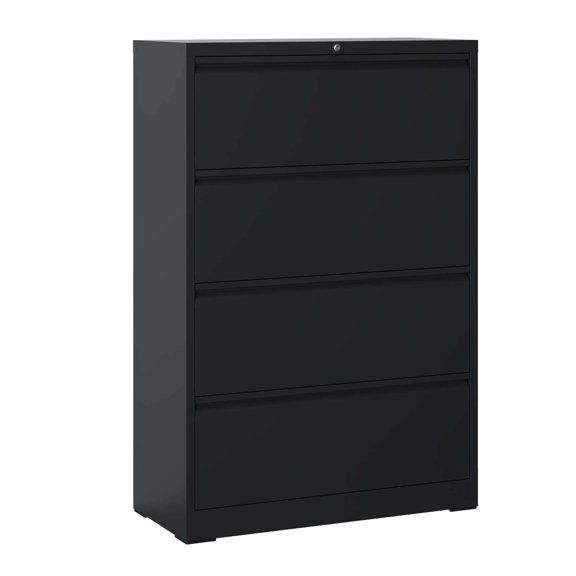 Black Metal 4-Drawer Lateral File Cabinet | Office Use with Quiet Design | Drawers with Hanging Rails | Keeps Files in Order