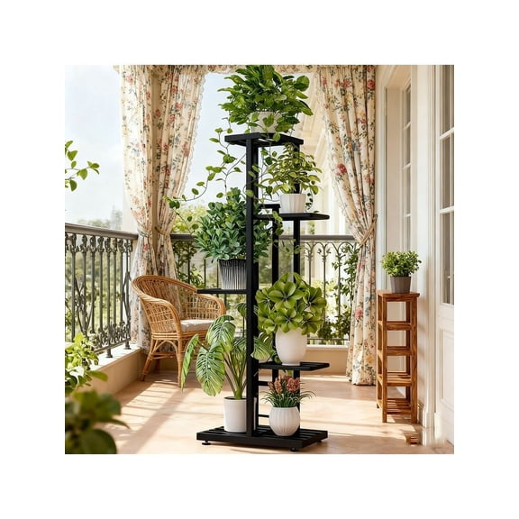 Black Metal 5-Tier Plant Stand For Indoor Outdoor Use, Space-Saving Multi-Level Flower Pot Rack With Modern Minimalist Design
