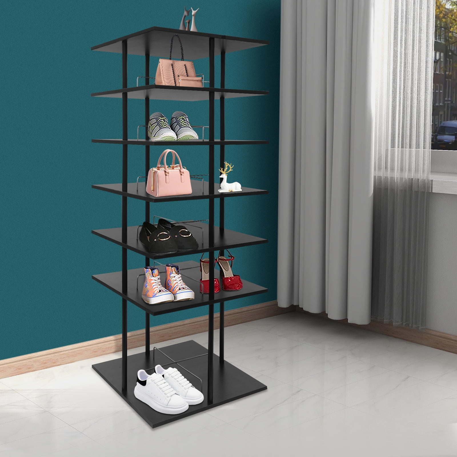 Black Metal 57x57x155cm 6-Story 360° Rotating Shoe Rack Super-Capacity ...