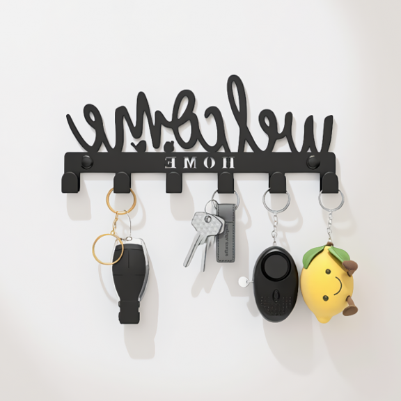 Black Metal 8-Hook Key Rack Wall-Mounted Welcome Sign Organizer for Entryway