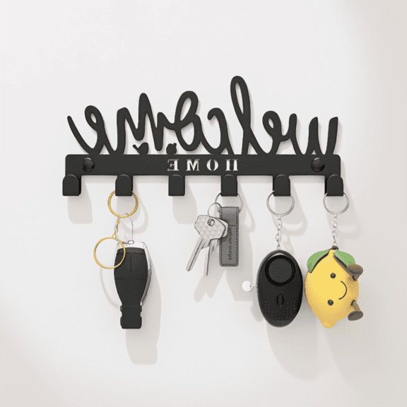 Black Metal 8-Hook Key Rack Wall-Mounted Welcome Sign Organizer for Entryway