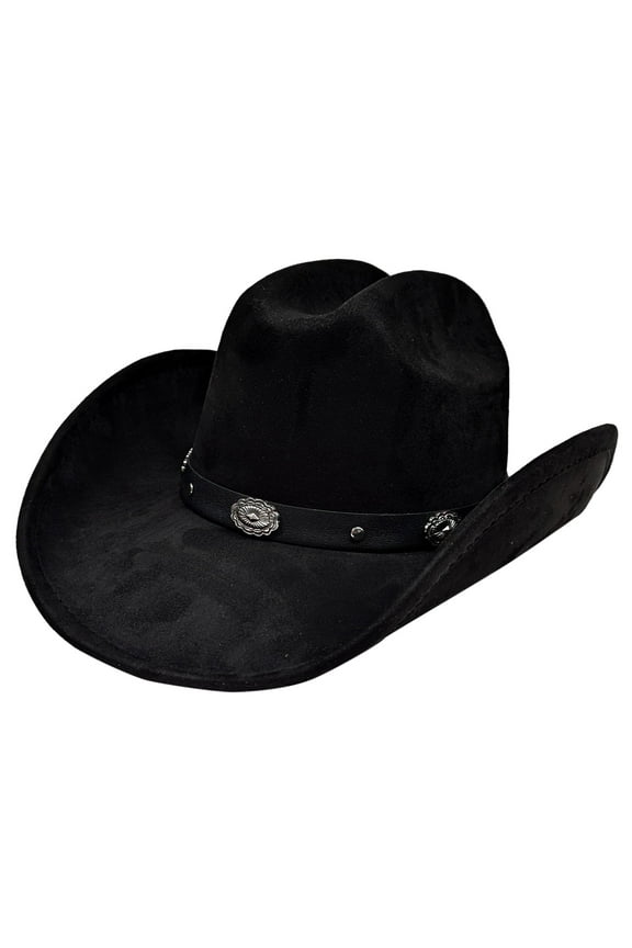 Black Metal Accents Fedora Western Cowboy Upturn Wide Brim Hat