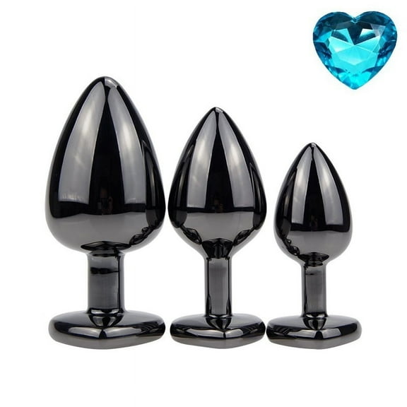 Black Metal Anal Butt Plug Stainless Steel 3-Sizes Beginner Blue Heart Jewel End