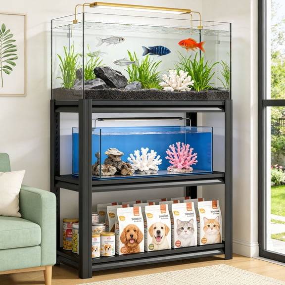 Black Metal Aquarium Stand with Adjustable Shelves, 3-Tier Design Suitable for 30-40 Gallon Fish Tanks