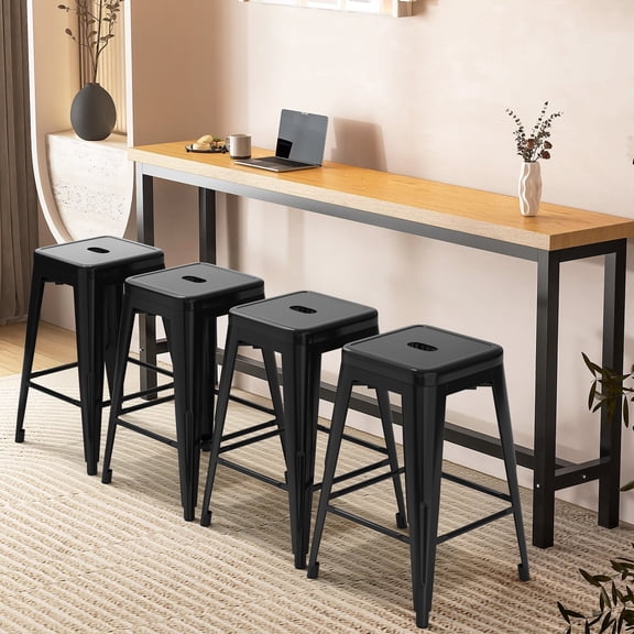 Stackable Metal Bar Stool Set of 4, 24 inch Counter Height Backless Industrial Chair for Kitchen Island, Patio, Indoor Outdoor Use, Black