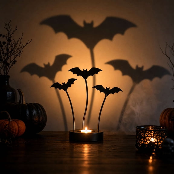 Black Metal Bat Tealight Candle Holder, Halloween Shadow Casting Candlestick Tabletop Decor for Party Home Decor