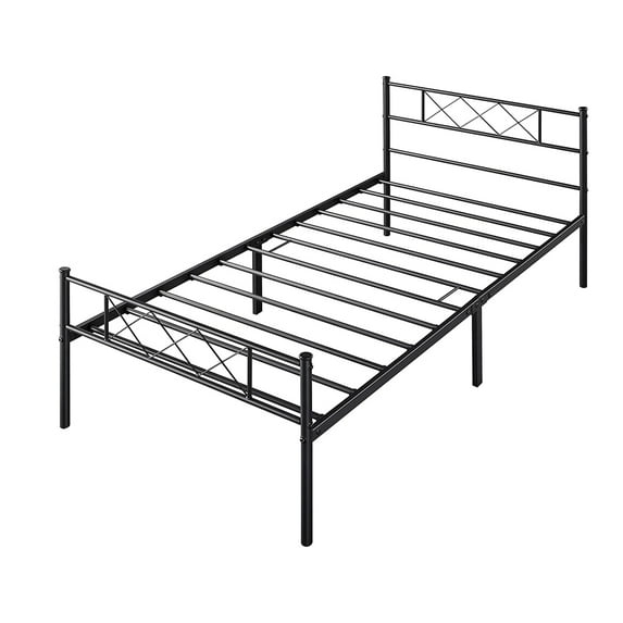 Black Metal Bed Frame with Headboard Mattress, Slatted Bed with Mattress Foundation, Base for Apartment, Home, Bedroom, Dorm, Indoor, Twin Size