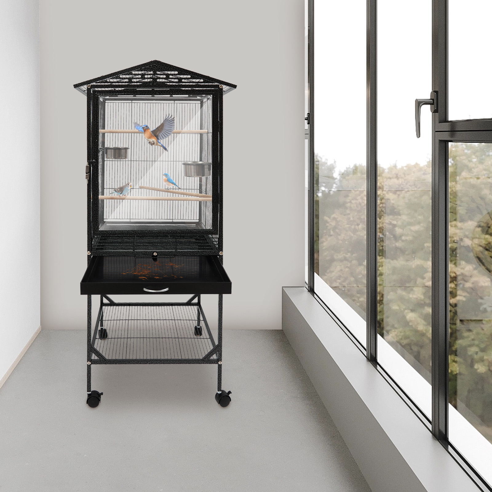 Image showcasing Black Metal Birdcage 46x46x136cm With Rollers Big Villa Birdcage Medium ...