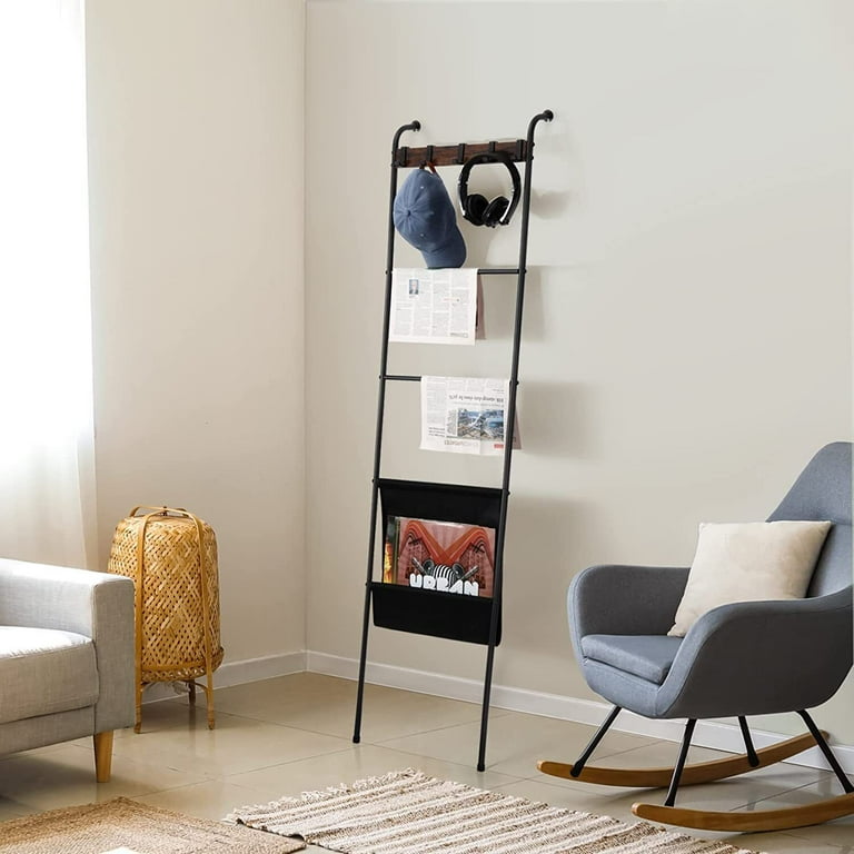 Black Metal Blanket Ladder with 5 Hooks Storage Bag Wall Leaning Towel Rack