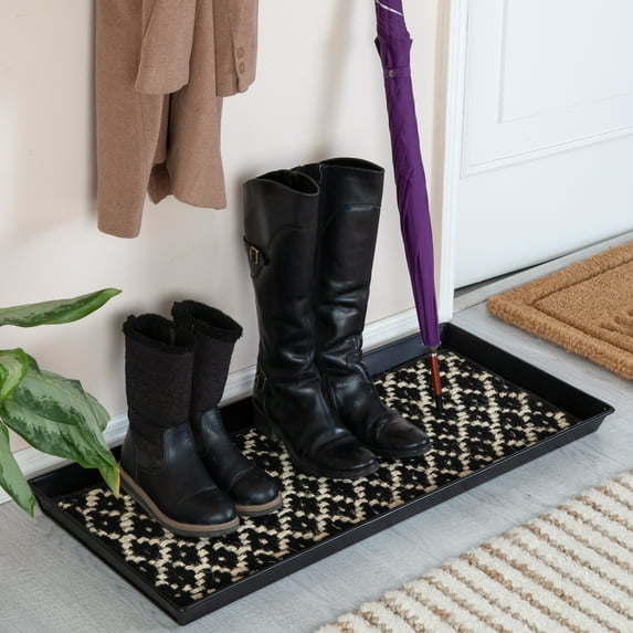 Black Metal Boot Tray with Black & Ivory Coir Insert