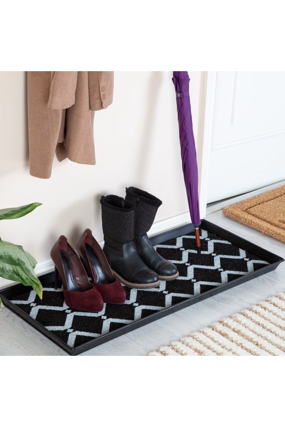 Black Metal Boot Tray with Black & Ivory Diamond Coir Insert