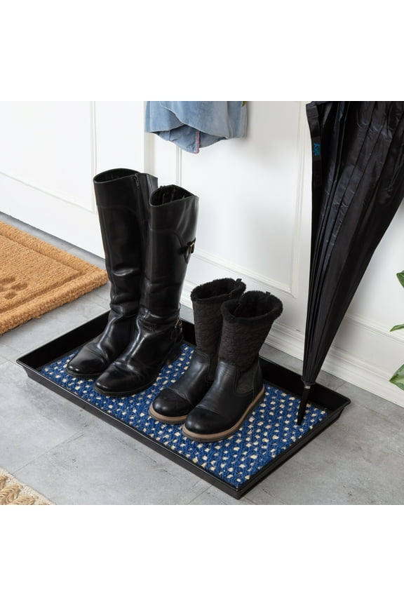 Black Metal Boot Tray with Blue & Ivory Coir Insert