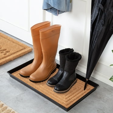 Black Metal Boot Tray with Cross Embossed Coir Insert