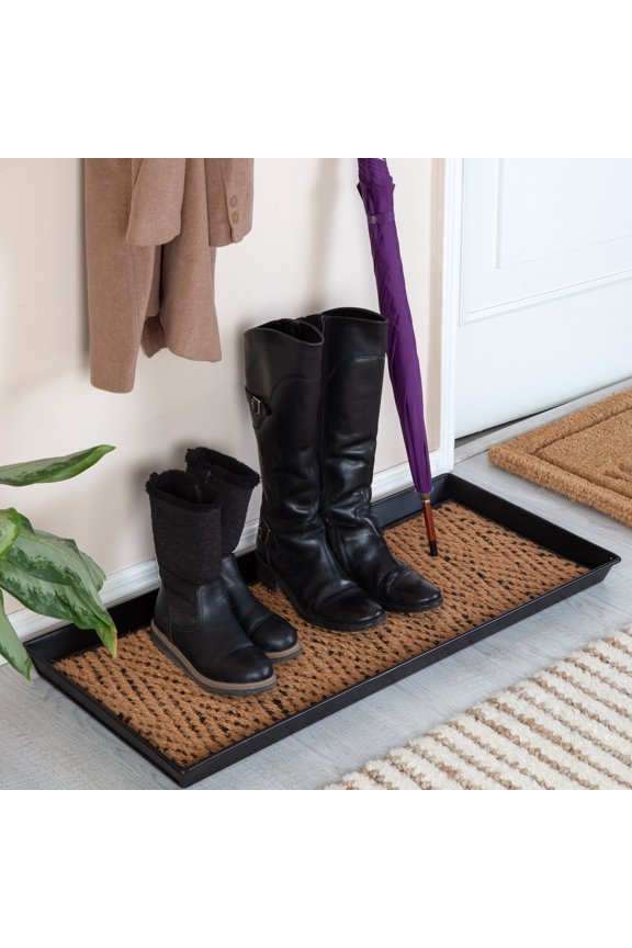 Black Metal Boot Tray with Tan & Black Coir Insert