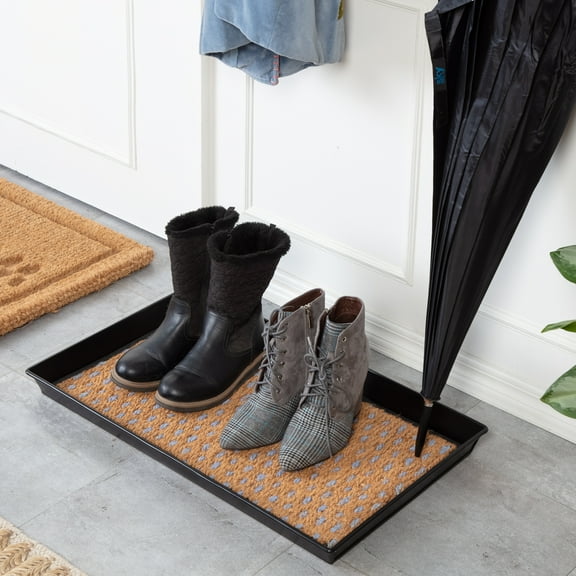 Black Metal Boot Tray with Tan & Blue Coir Insert