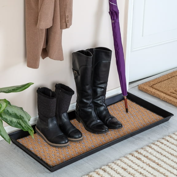 Black Metal Boot Tray with Tan & Blue Coir Insert