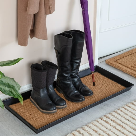 Black Metal Boot Tray with Tan Coir Insert