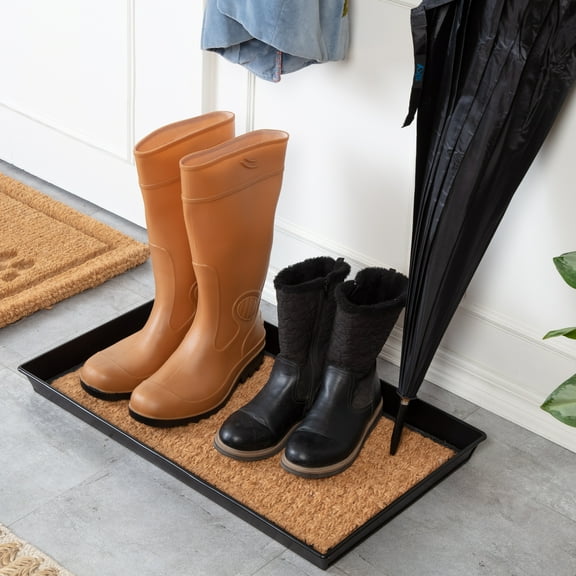 Black Metal Boot Tray with Tan Coir Insert