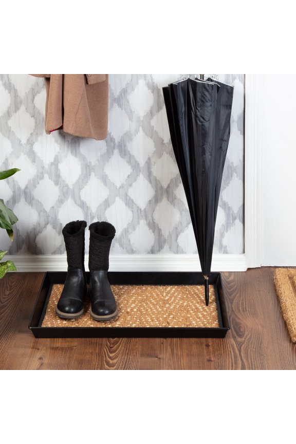 Black Metal Boot Tray with Tan & Khaki Coir Insert