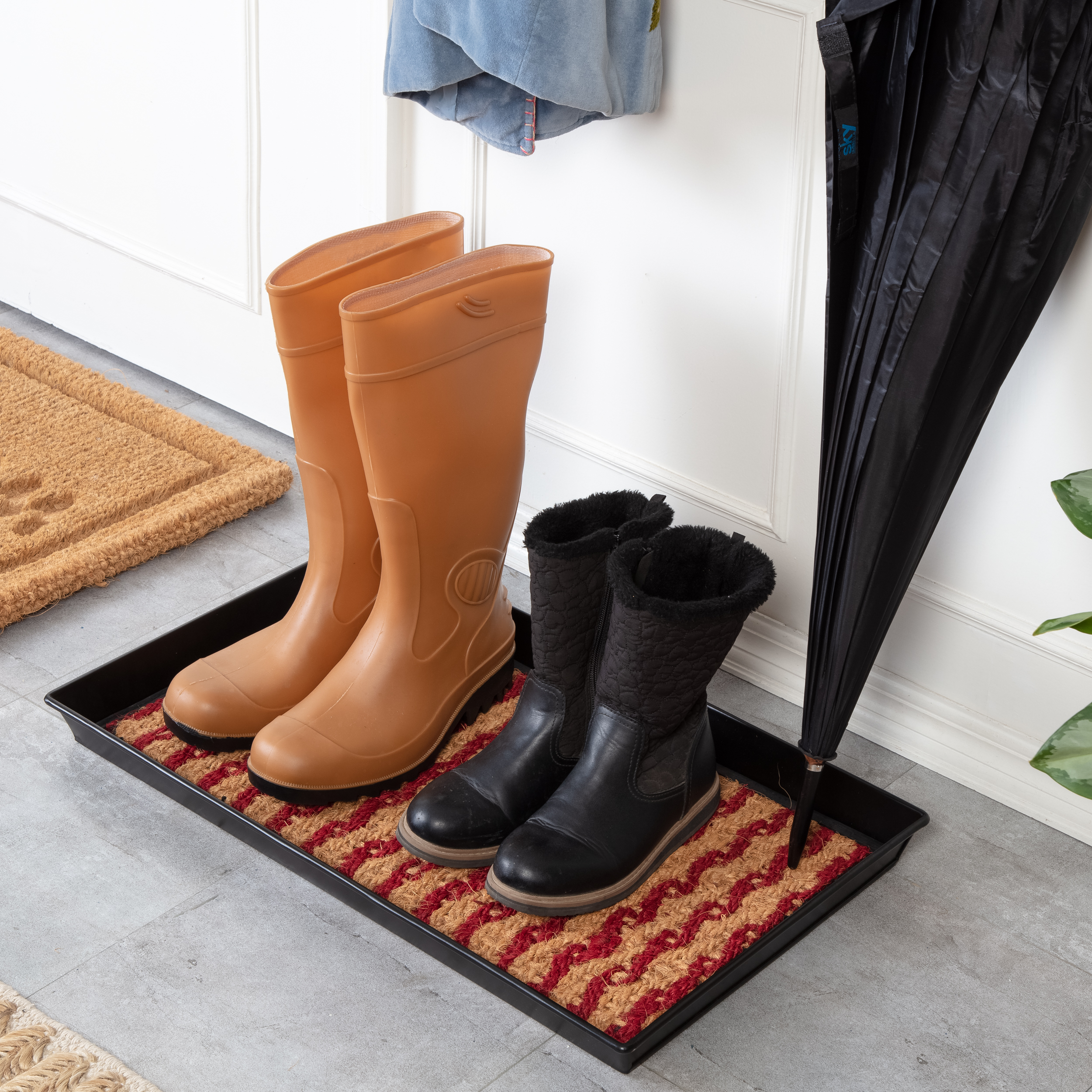 Boot Tray Rack Black Metal Boot Tray with Tan & Red Coir Insert - Walmart.com