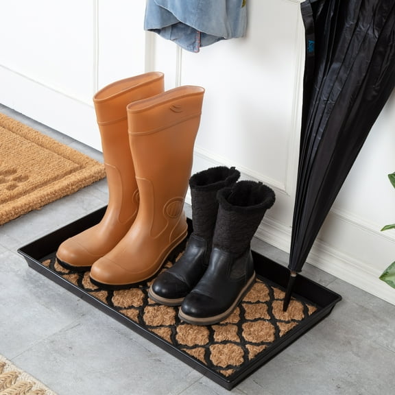 Black Metal Boot Tray with Trellis Coir and Rubber Insert