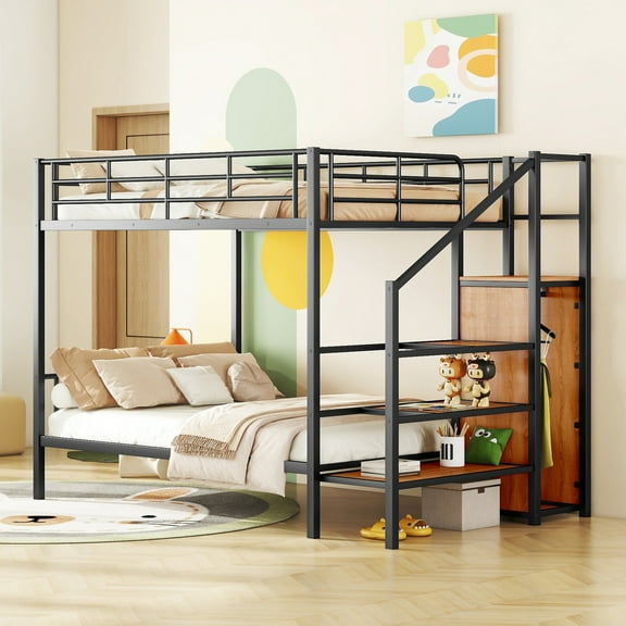 Black Metal Bunk Bed With Lateral Shelf And Garment Storage Area - Space Saver, Robust Construction, Safe Resting Place Full Over Bed, Steps & Clothing Cabinet Saving Design, Strong Build Quality,