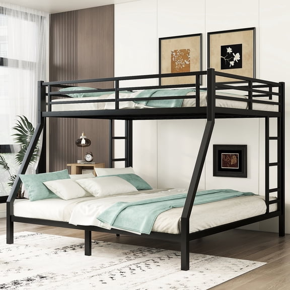 Black Metal Bunk Bed - Queen Over King. Teens & Adults Opt For It. Space Feature. Noise Minimized. Solid Construction. No Box Spring. Under Storage. 2 Side Ladders. Prioritized