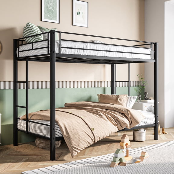 Black Metal Bunk Bed With Plastic Plugged Slats - Twin Over Storage Options No Box Spring,