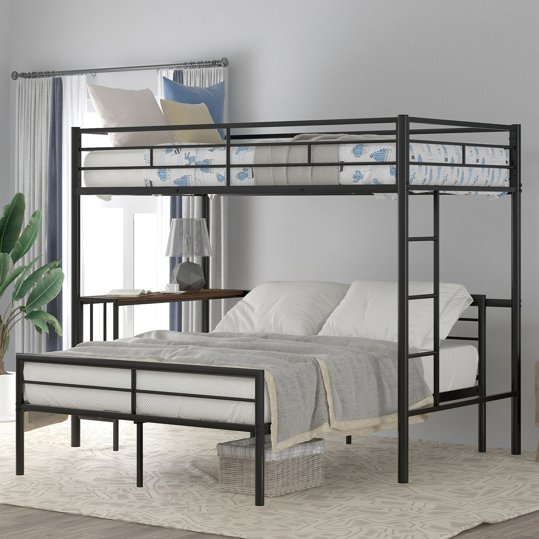 Black Metal Bunk Bed with Desk and Ladder - Multi - Functional Use