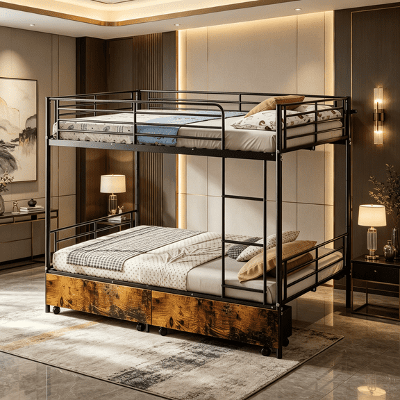 Black Metal Bunk Bed with USB Charging Station, Convertible Twin Bunk Bed Frame, Full Size Modern Bunk Bed with Safety Guardrail, Ladder & Storage