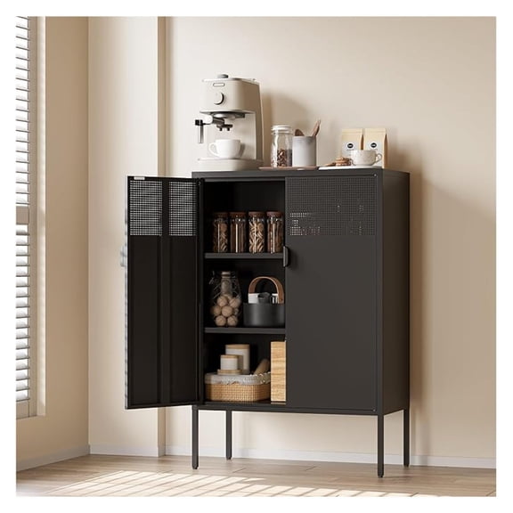 Black Metal Cabinet with Adjustable Shelves, 47H Industrial Buffet Sideboard & Coffee Bar Station, Ventilated Steel Storage Cabinet with Magnetic Doors for Kitchen, Office, Living Room