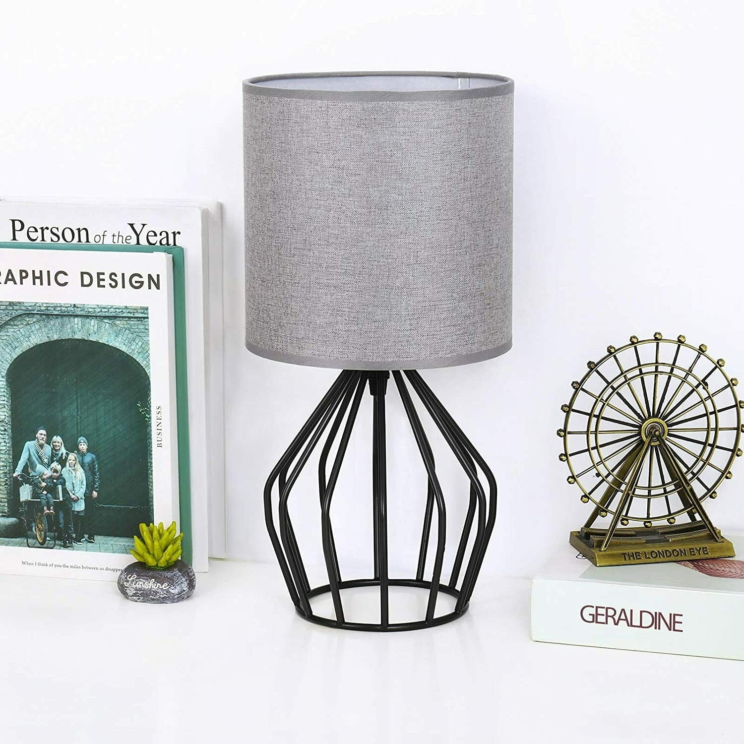 Black Metal Cage Table Lamp with Gray Fabric Shade