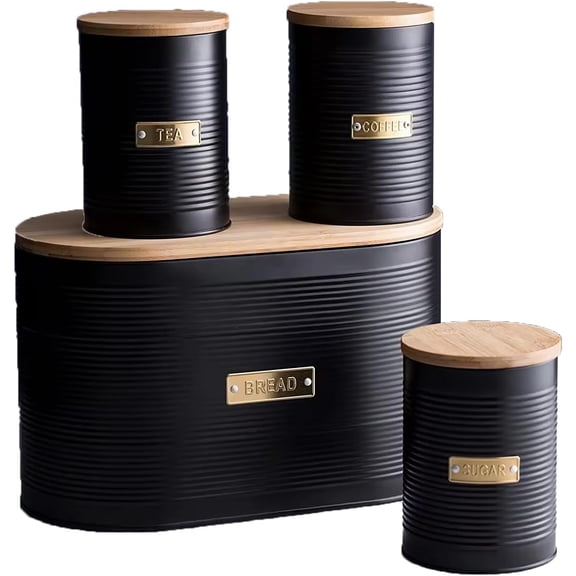 Black Metal Canisters with Wooden Lids Set of 4 Airtight Storage Tins for Coffee, Tea, Sugar & More Modern Ribbed Kitchen Containers with Brass Labels