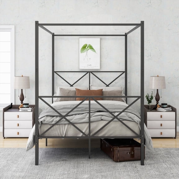 Full Black Metal Canopy Bed Frame - High Quality Metal, No Noise & Easy Storage
