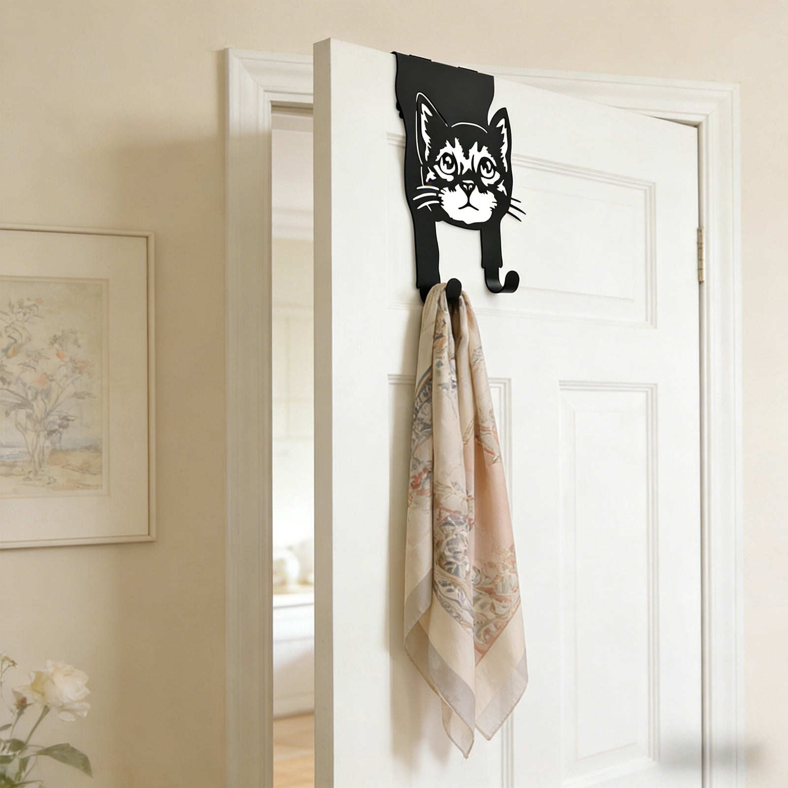 Black Metal Cat Over The Door Hook, No Drill Behind Door Organizer for Towels Bags Coats Home ...