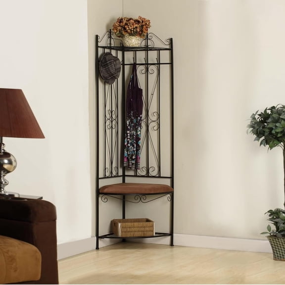 Black Metal Corner Entryway Hallway Rack with Bench & 6 Hooks